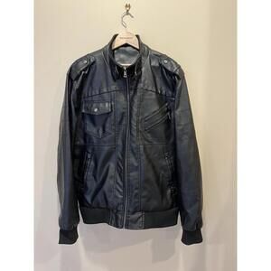 Black Faux Leather Moto Jacket with Zip Pockets  Large Mens